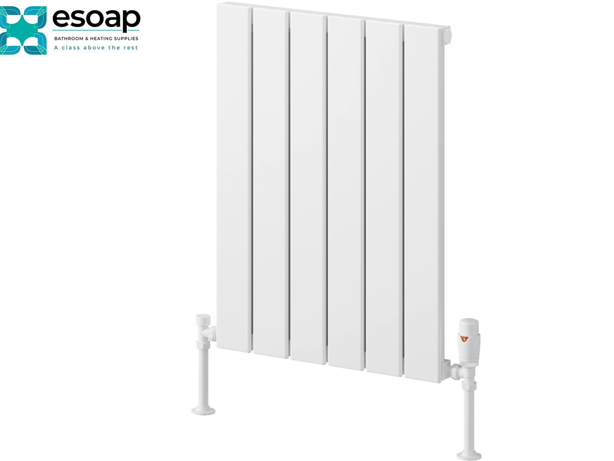 White panel radiator with vertical fins and integrated valves, shown on a plain white background with the esoap logo in the top-left corner. Reina Piatto Horizontal Single 600x445 White Designer Radiator