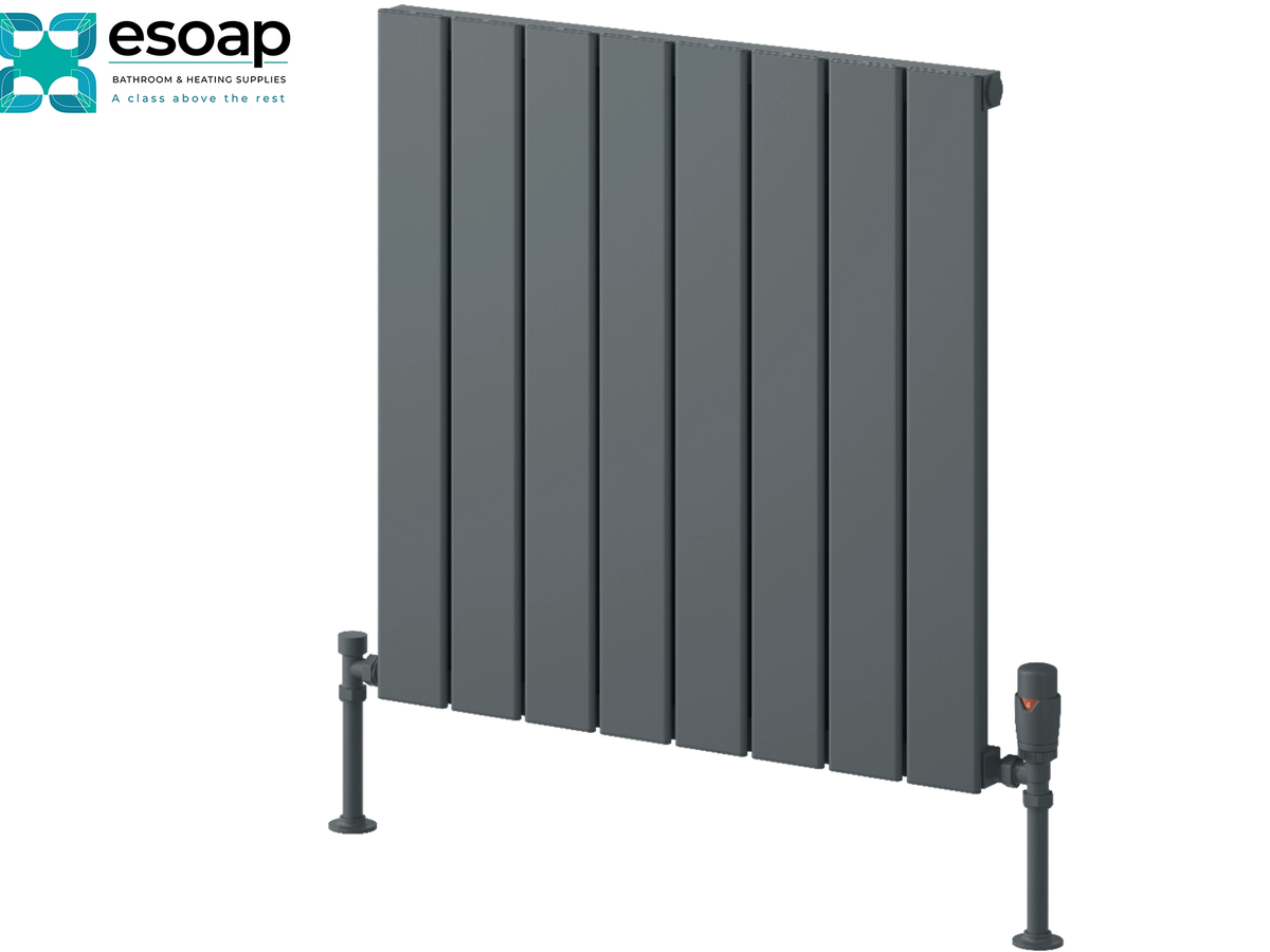 A dark gray panel radiator shown at an angle on a white background, with the Esoap logo in the top-left corner. Reina Piatto Horizontal Single 600x595 Anthracite Designer Radiator