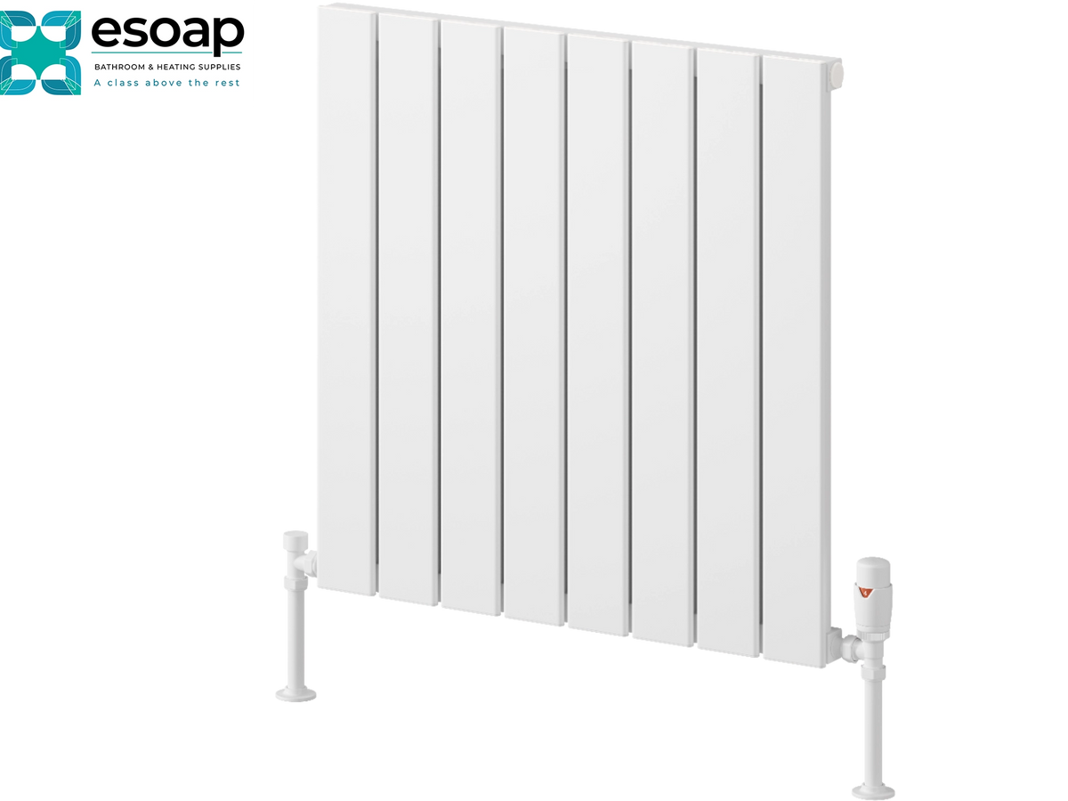 A white panel radiators by Esoap, featuring a modern multi-panel vertical design with a white shut-off valve and pipe connectors, shown on a solid white background with the Esoap logo in the top-left corner. Reina Piatto Horizontal Single 600x595 White Designer Radiator