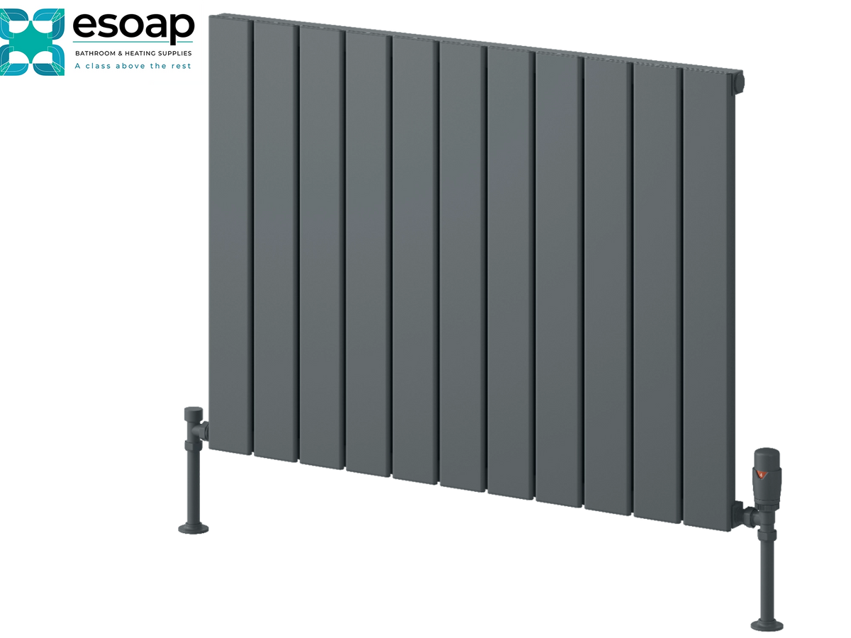 A dark gray panel radiator with support legs and a central valve, shown on a white background with the Esoap logo in the top-left corner. Reina Piatto Horizontal Single 600x820 Anthracite Designer Radiator