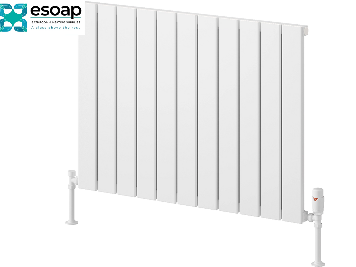 White panel radiators by Esoap, featuring a modern multi-panel vertical design with adjustable support legs and a small red temperature indicator on the valve, shown on a clean white background with the Esoap logo in the top-left corner. Reina Piatto Horizontal Single 600x820 White Designer Radiator