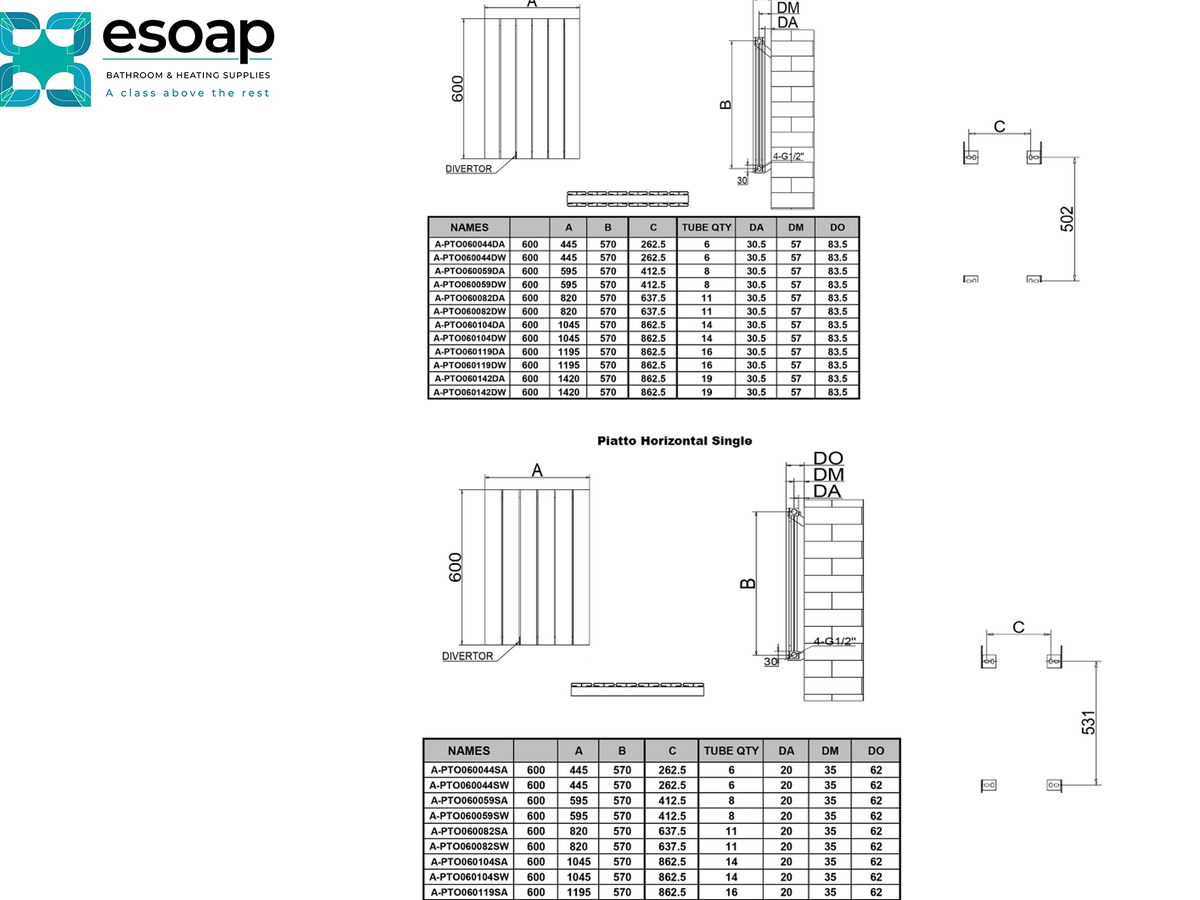Technical specification sheet and dimension diagram for Esoap Plaster Horizontal Single tiles, showing measurements, tables of product names and quantities, and cross-section drawings on a white background. Reina Piatto Horizontal Single double Designer Radiator
