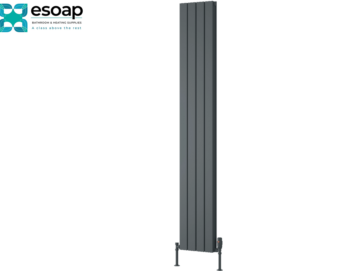 A tall, narrow dark gray vertical panel radiator shown on a plain white background, with the Esoap logo in the top-left corner. Reina Piatto Vertical Double 1800x295 Anthracite Designer Radiator