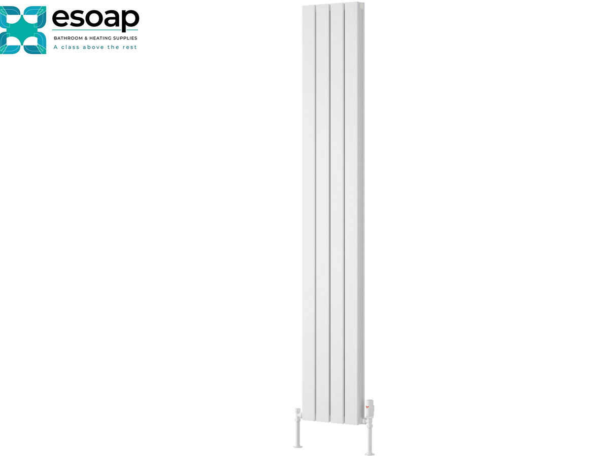 A tall, slim white panel radiator shown on a plain white background, with the Esoap brand logo in the top-left corner. Reina Piatto Vertical Double 1800x295 White Designer Radiator