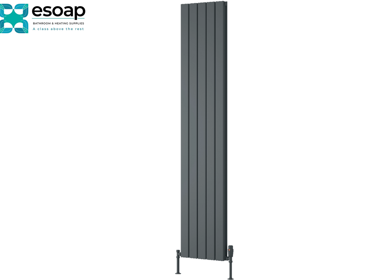 A tall, narrow dark gray vertical panel radiator shown on a plain white background, with the Esoap logo in the top-left corner. Reina Piatto Vertical Double 1800x370 Anthracite Designer Radiator