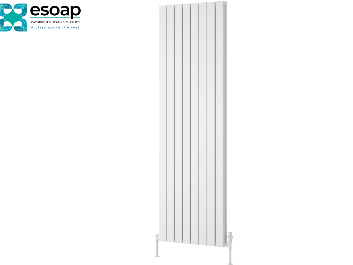 A tall, white vertical panel radiator shown on a plain white background, with the Esoap logo in the top-left corner. Reina Piatto Vertical Double 1800x595 White Designer Radiator