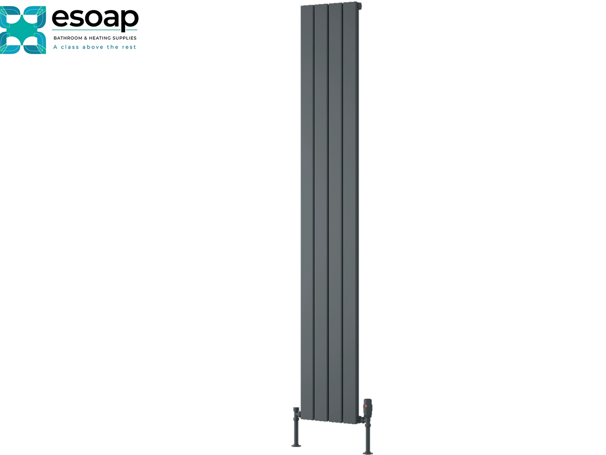 A tall, narrow dark gray vertical panel radiator shown on a plain white background, with the Esoap logo in the top-left corner. Reina Piatto Vertical Single 1800x295 Anthracite Designer Radiator