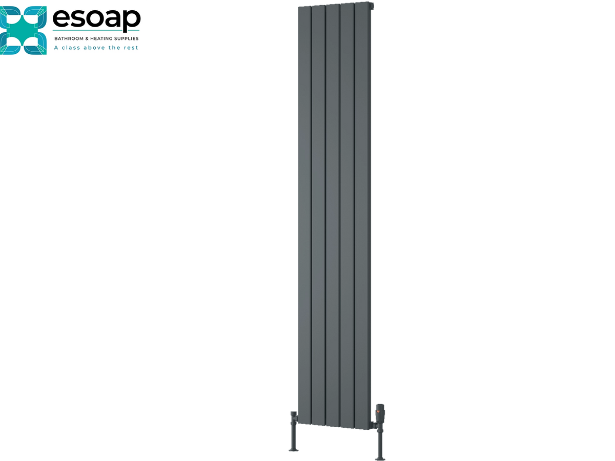 A tall, narrow dark gray vertical panel radiator shown on a plain white background, with the Esoap logo in the top-left corner. Reina Piatto Vertical Single 1800x370 Anthracite Designer Radiator