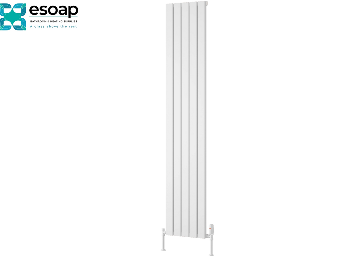 A tall, slim white vertical panel radiator shown on a plain white background, with the Esoap logo in the top-left corner. Reina Piatto Vertical Single 1800x370 White Designer Radiator