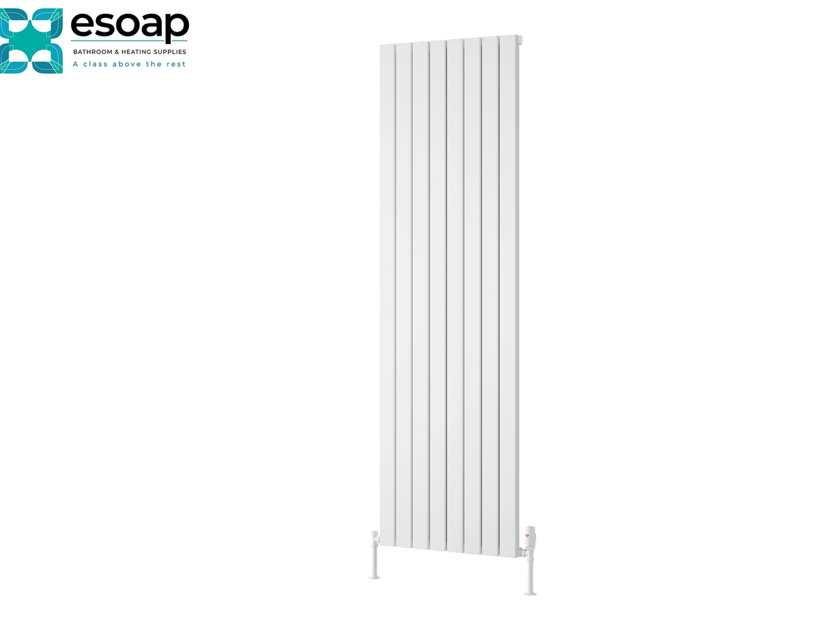 A tall white vertical panel radiator shown on a plain white background, with the Esoap logo in the top-left corner. Reina Piatto Vertical Single 1800x595 White Designer Radiator