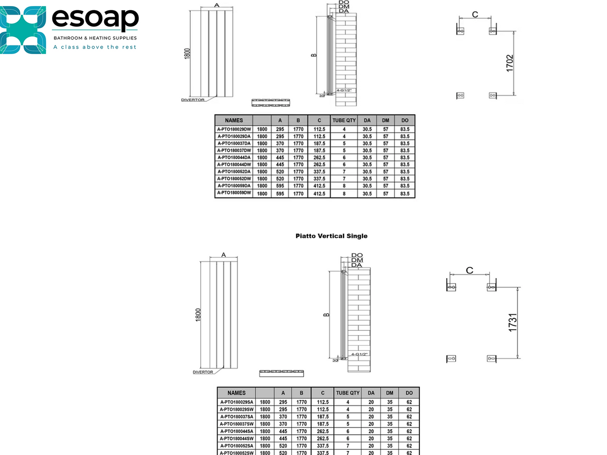 Technical specification sheet and dimension diagram for Esoap Platinum Vertical Single panel cladding, showing line drawings, measurements, and a data table on a white background. Reina Piatto Vertical Single Double Designer Radiator