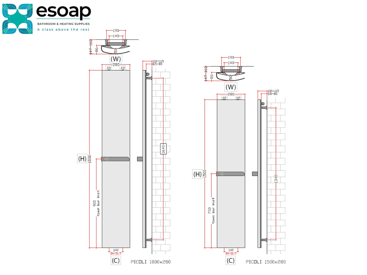 Technical dimension diagram for wall-mounted double vanity sinks by esoap, showing front and side views with measurements, labels, and product cross-sections on a white background. Reina Picoli Designer Radiator