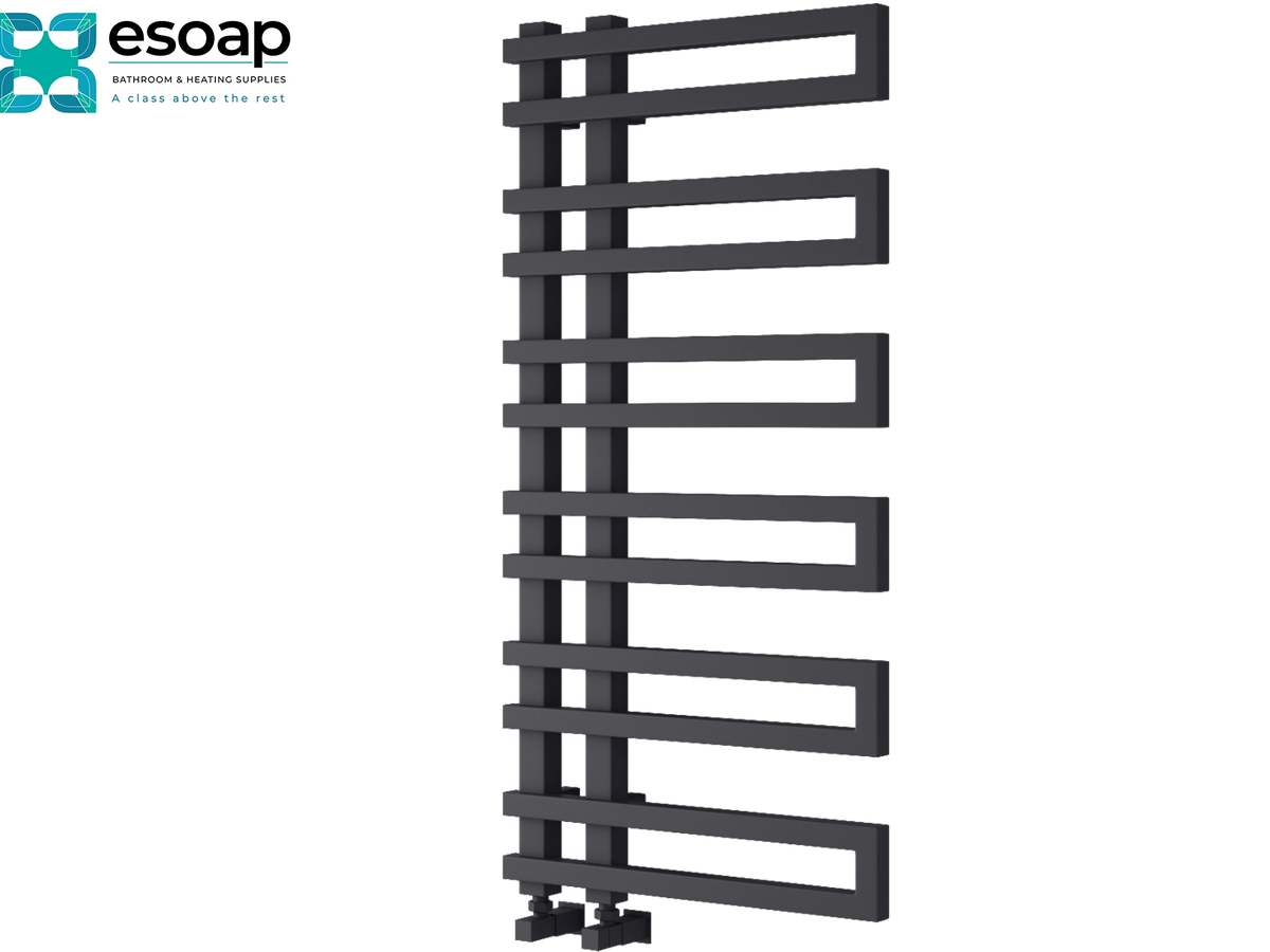 A dark gray heated towel rail with rectangular bars, shown on a plain white background with the esoap brand logo in the top-left corner Reina Pietra 1100x530 Anthracite Designer Radiator