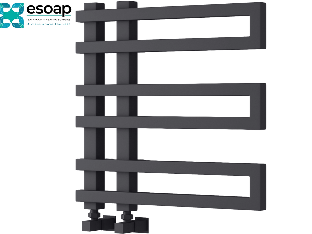 A dark gray modern radiator towel rail with open rectangular bars, shown on a white background with the esoap brand logo in the top-left corner Reina Pietra 530x530 Anthracite Designer Radiator