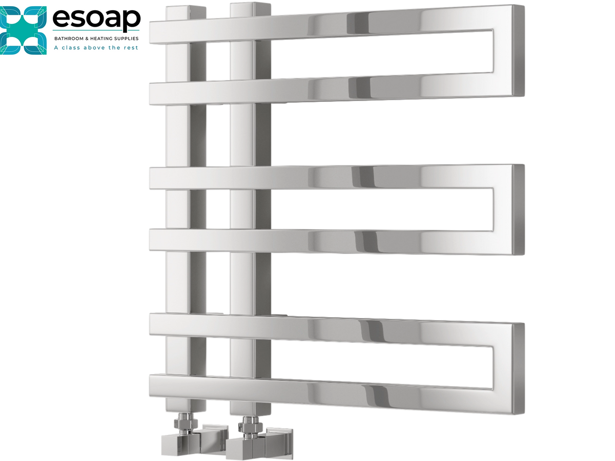 A modern chrome heated towel rail with five horizontal bars and two wall-mount brackets, shown on a plain white background with the essoap logo in the top-left corner Reina Pietra 530x530 Chrome Designer Radiator