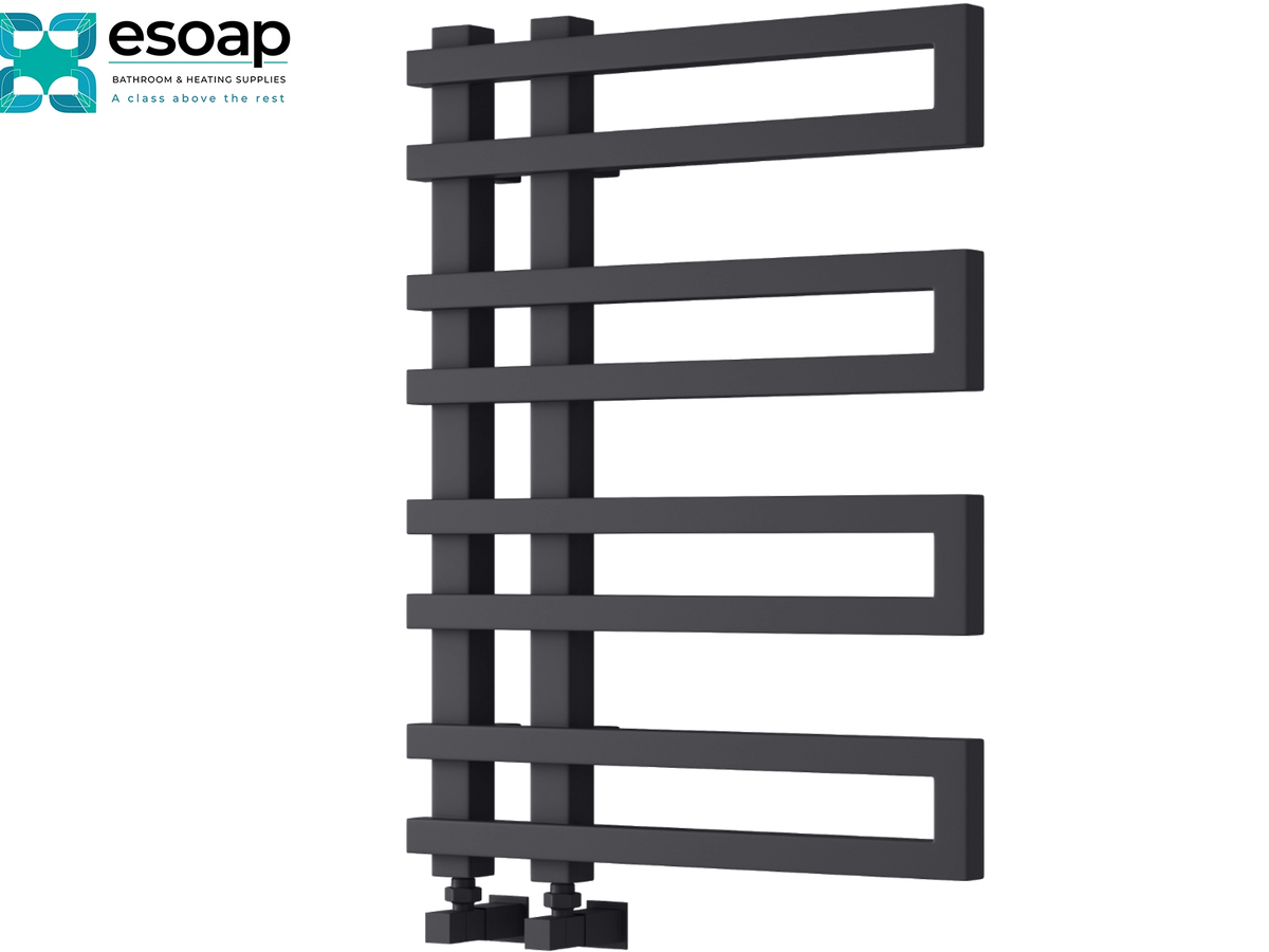 A dark charcoal gray heated towel rail with a modern geometric design, featuring five horizontal bars with rectangular cutouts. The Esoap brand logo is visible in the top-left corner on a plain white background Reina Pietra 720x530 Anthracite Designer Radiator
