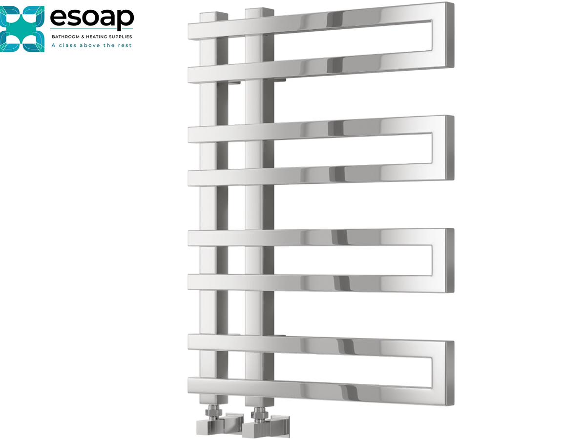 A modern stainless steel heated towel rail with five horizontal bars, shown on a plain white background with the Esoap brand logo in the top-left corner Reina Pietra 720x530 Chrome Designer Radiator