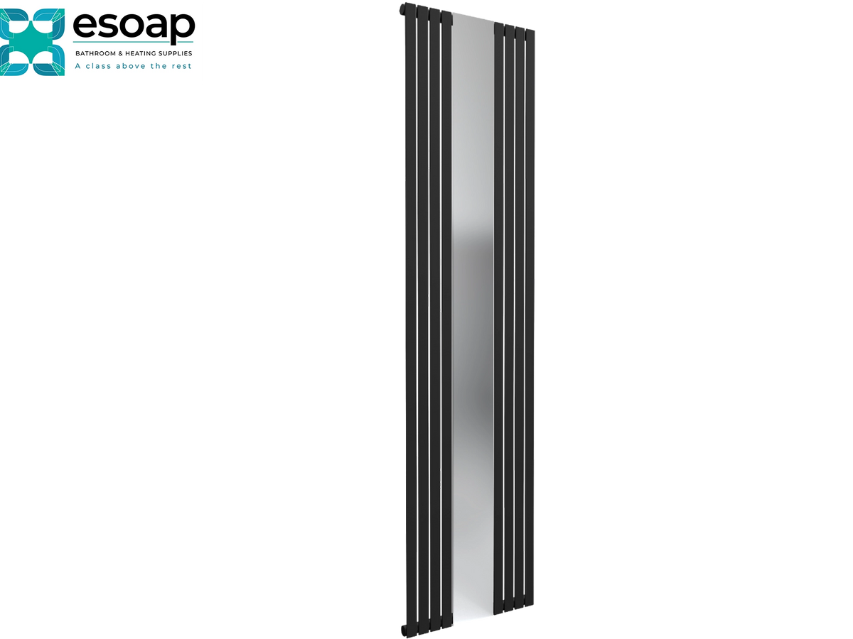 A modern vertical panel radiator in black and silver, shown on a plain white background with the esoap brand logo in the top-left corner Reina Reflect 1800x445 Black Designer Radiator