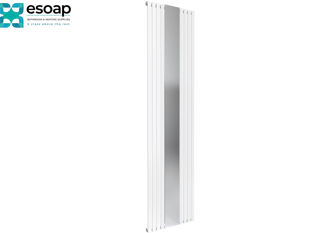 A tall, narrow white radiator panel with a central brushed silver metallic strip, shown on a plain white background with the esoap logo in the top-left corner Reina Reflect 1800x445 White Designer Radiator