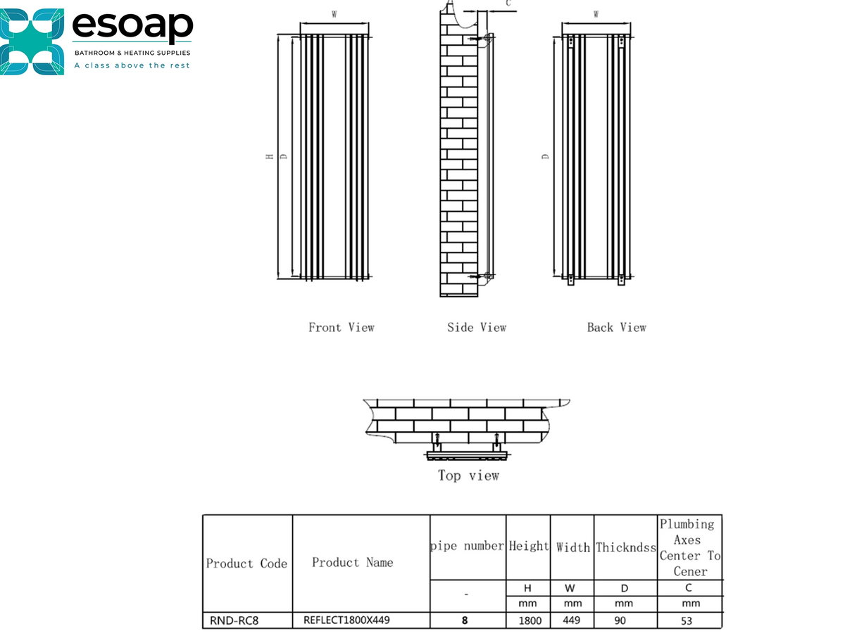 Technical drawing and specification table for an espresso coffee maker, showing front, side, and back views with dimensions, plus a top view and a table listing product code, product name, pipe number, height, width, thickness, and plumbing center to center measurements Reina Reflect 1800x445 Designer Radiator