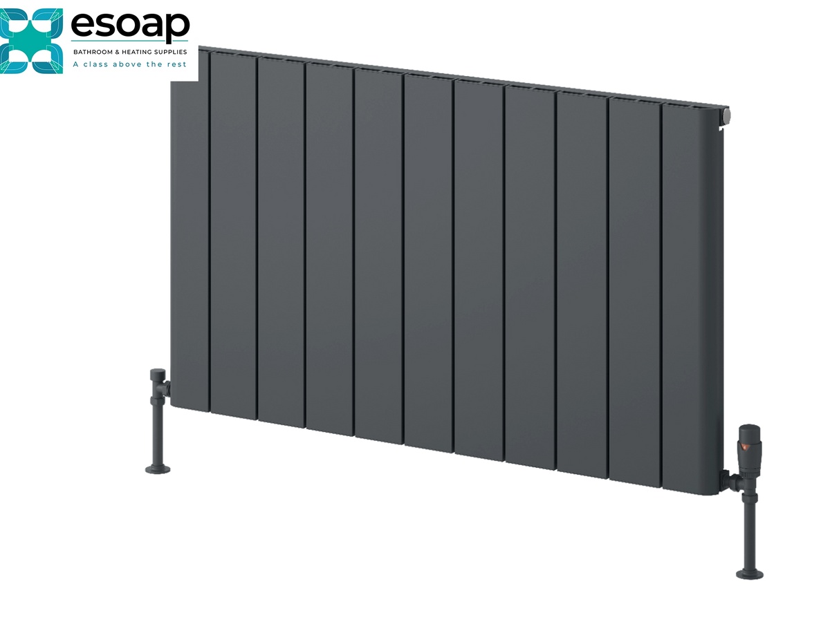 A dark gray vertical-panel radiators by Soap Home, shown from a three-quarters angle with its flanges and valves visible, on a white background with the Soap Home logo in the top-left corner. Reina Resia Horizontal 600x1040 Anthracite Designer Radiator