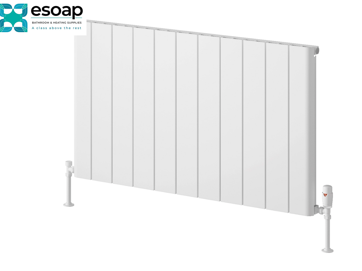 White panel radiators by Esoap, featuring a modern vertical slat design with integrated valves and P-traps, shown on a clean white background with the Esoap logo in the top-left corner. Reina Resia Horizontal 600x1040 White Designer Radiator