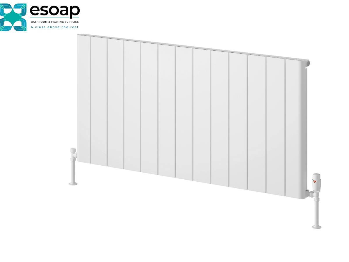 White panel radiators by Esoap, shown from a three-quarter angle on a clean white background with the Esoap logo in the top-left corner. Reina Resia Horizontal 600x1230 White Designer Radiator