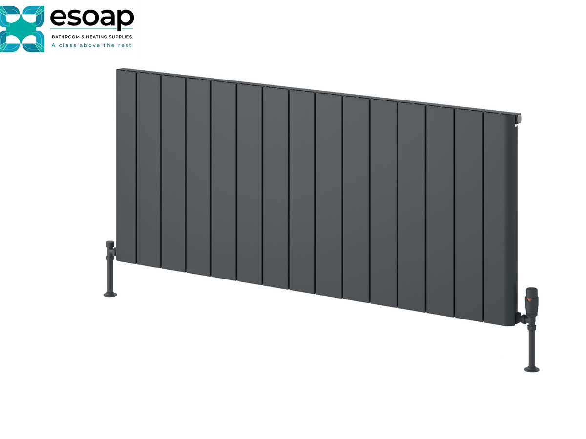 A dark gray panel radiator shown at an angle on a white background, with the Esoap logo in the top-left corner. Reina Resia Horizontal 600x1420 Anthracite Designer Radiator