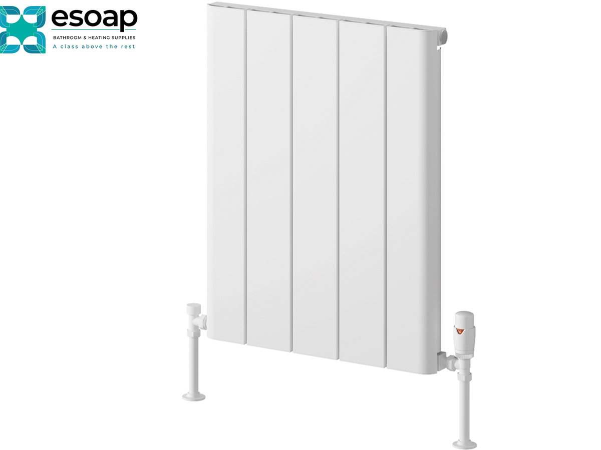 White panel radiators by Esoap, featuring a vertical multi-panel design with a white shut-off valve and pipe fittings, shown on a solid white background with the Esoap logo in the top-left corner. Reina Resia Horizontal 600x470 White Designer Radiator