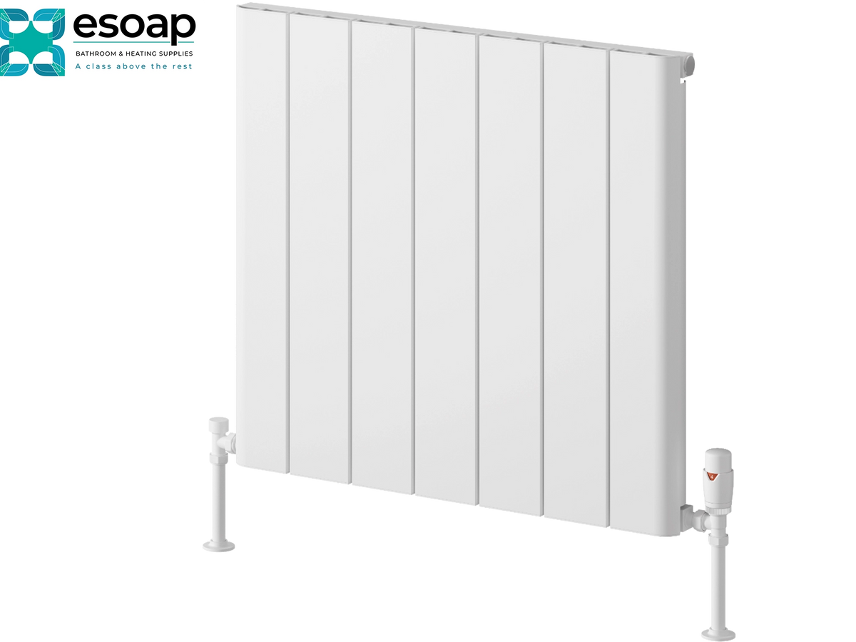 A white panel radiator shown at an angle on a plain white background, with a small Esoap logo in the top-left corner.Reina Resia Horizontal 600x660 White Designer Radiator