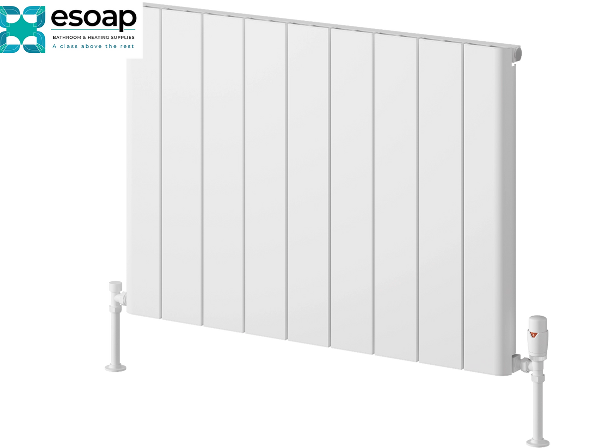 White panel radiators shown at a three-quarter angle on a white background, featuring a logo overlay in the top-left corner. Reina Resia Horizontal 600x850 White Designer Radiator