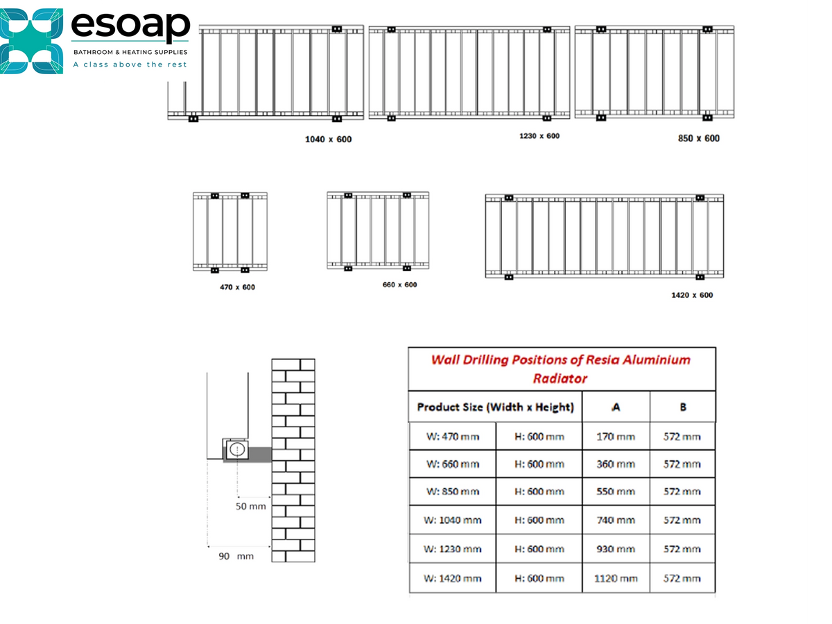 Technical specification sheet for a Resia Aluminium Radiator by essoap, showing multiple radiator width and height options with dimensioned line drawings and a table specifying wall drilling positions. Reina Resia Horizontal Designer Radiator