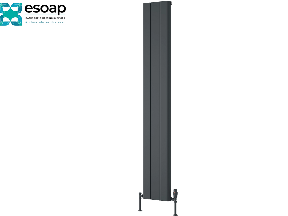 A tall, narrow dark gray panel radiator shown on a plain white background, with the Esoap logo in the top-left corner. Reina Resia Vertical 1800x280 Anthracite Designer Radiator
