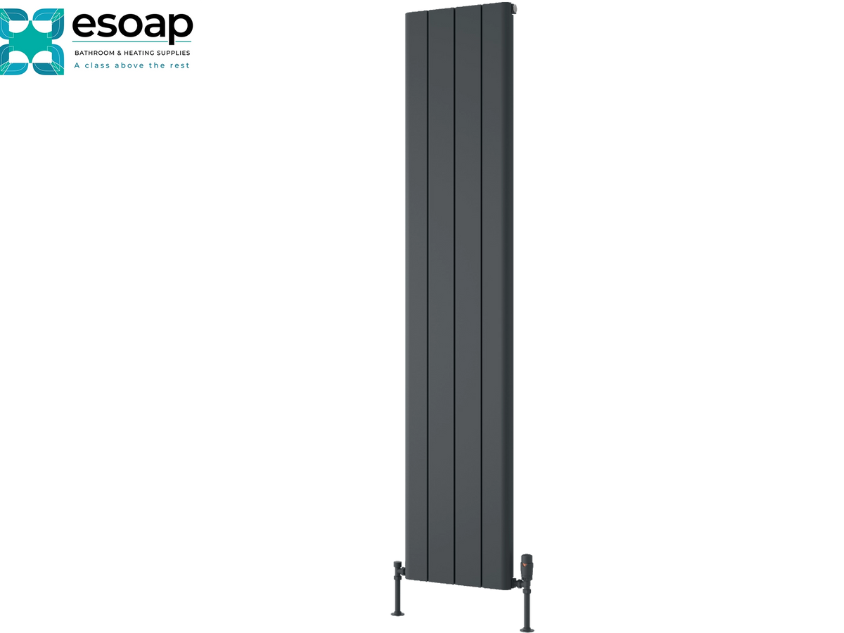 A tall, narrow charcoal gray panel radiator shown against a plain white background, with the Esoap logo in the top-left corner. Reina Resia Vertical 1800x375 Anthracite Designer Radiator