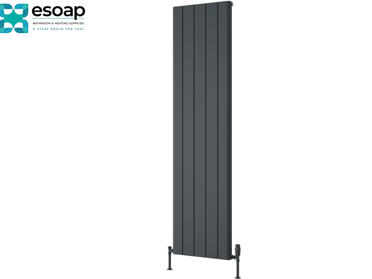 A tall, dark gray vertical panel radiator shown on a plain white background, with the Esoap logo in the top-left corner. Reina Resia Vertical 1800x470 Anthracite Designer Radiator