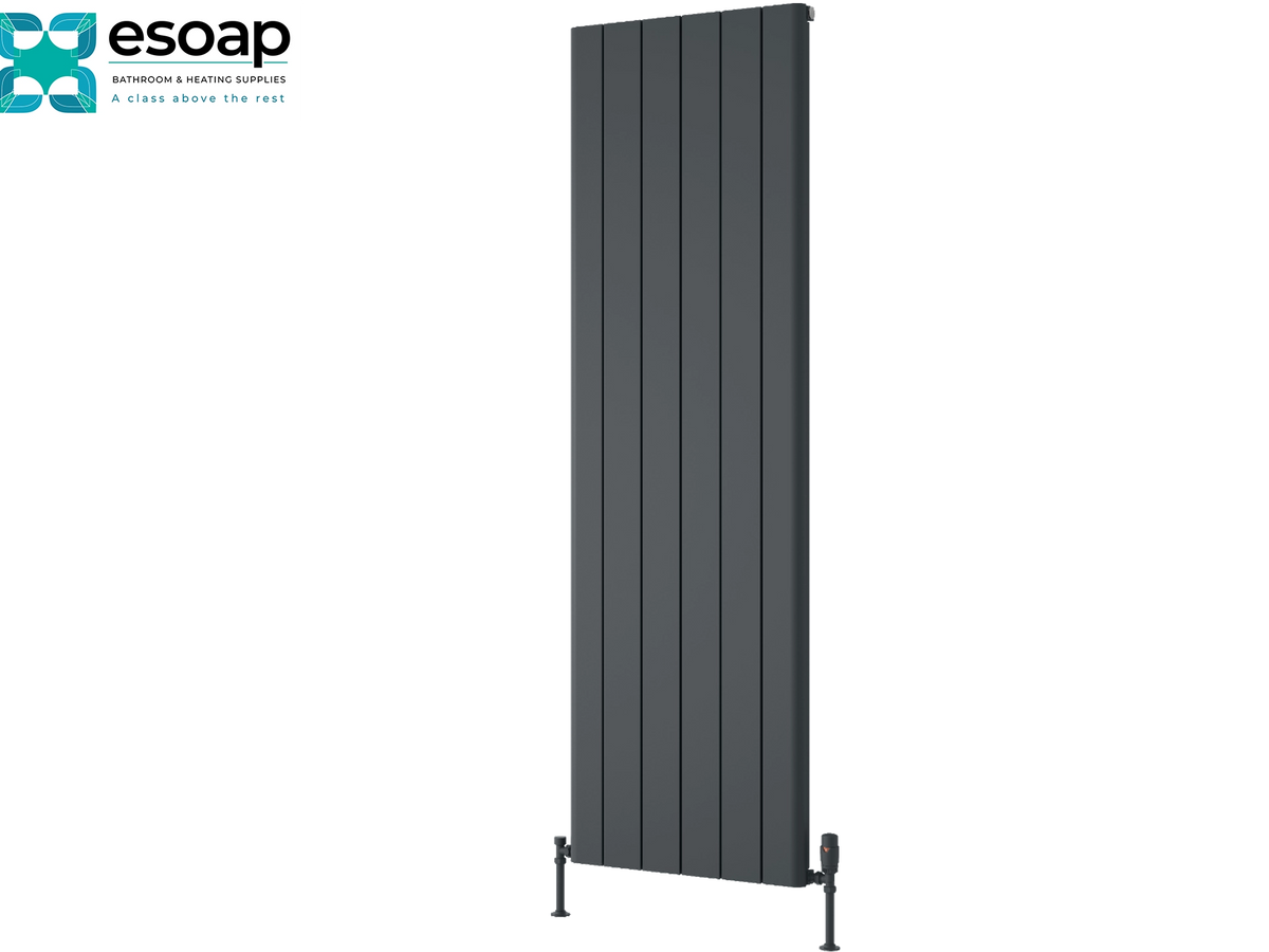 A tall, dark gray vertical panel radiator shown on a plain white background, with the Esoap logo in the top-left corner. Reina Resia Vertical 1800x565 Anthracite Designer Radiator