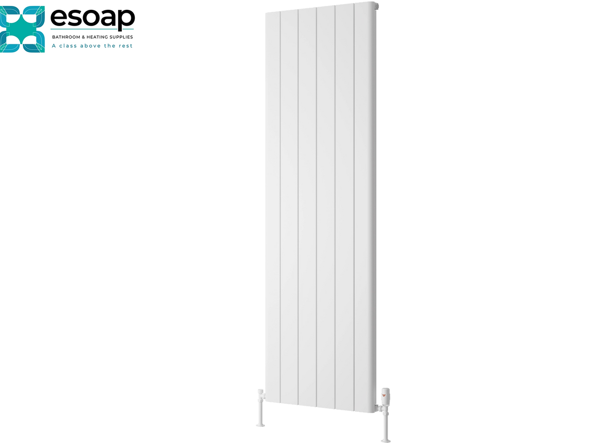 A tall, white vertical panel radiator shown on a plain white background, with the Esoap logo in the top-left corner. Reina Resia Vertical 1800x565 White Designer Radiator