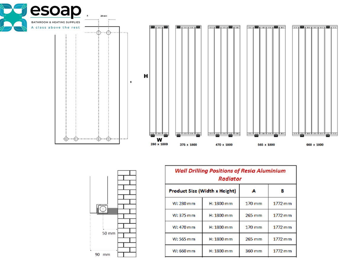 Technical specification sheet for the Esoap Radiator, showing product dimensions, wall mounting instructions, and a drilling position table for resia aluminium radiators. Reina Resia Vertical Designer Radiator
