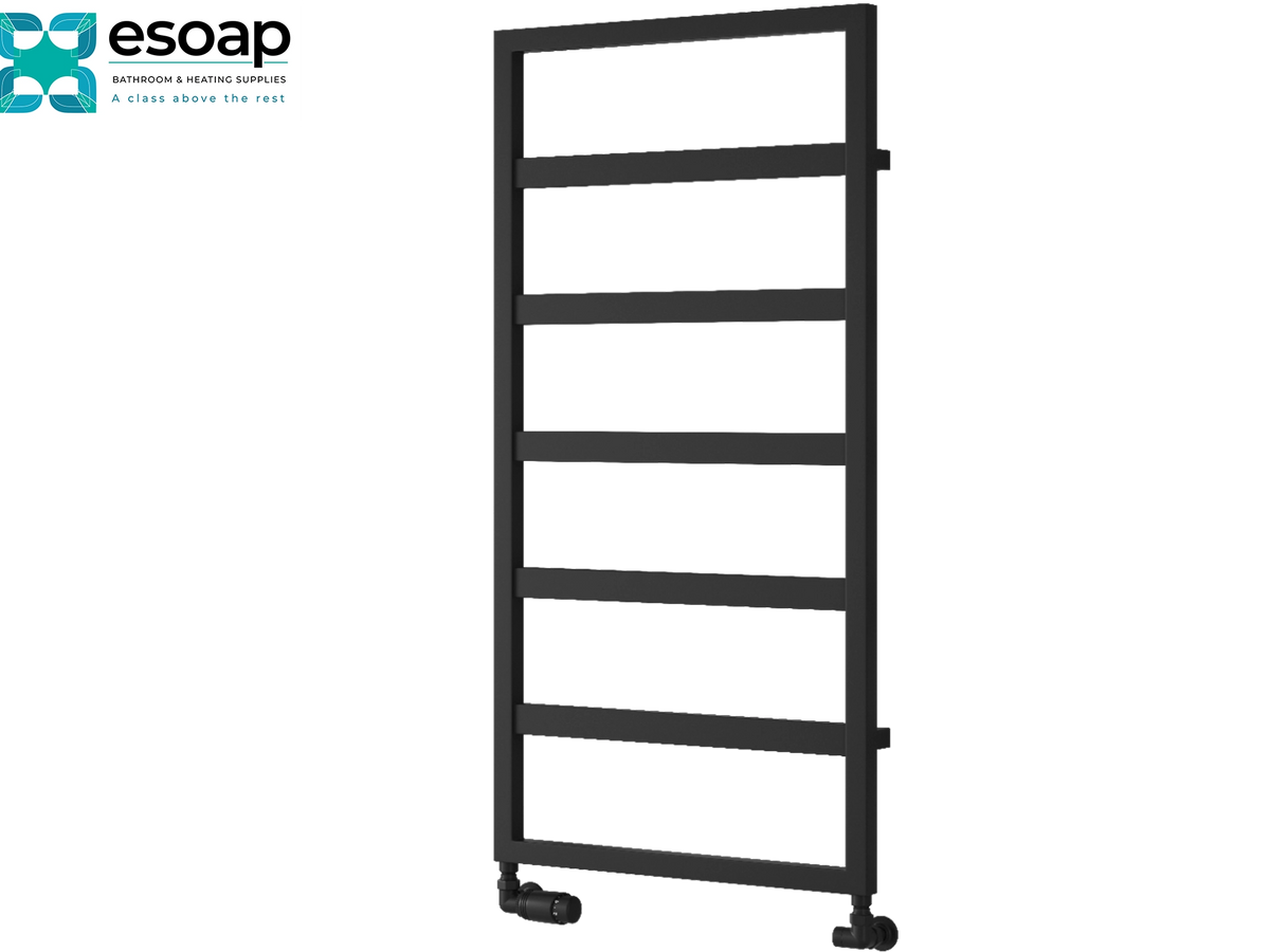 A black metal towel rail with five horizontal bars and caster wheels at the bottom, shown on a plain white background with the Esoap logo in the top-left corner Reina Rezzo 1100x450 Black Designer Radiator