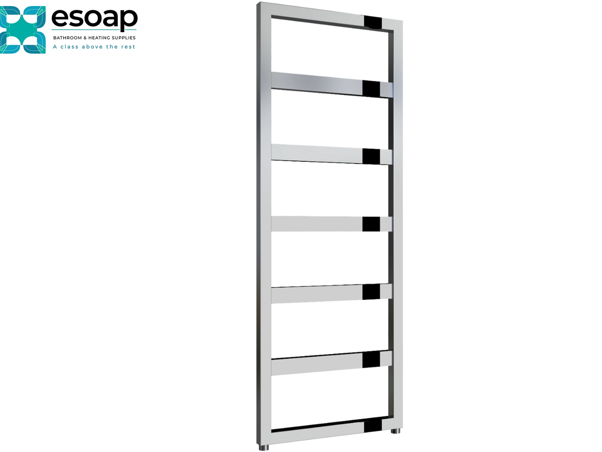 A tall, narrow chrome towel radiator with five horizontal bars, shown on a plain white background with the Esoap brand logo in the top-left corner Reina Rezzo 1100x450 Chrome Designer Radiator