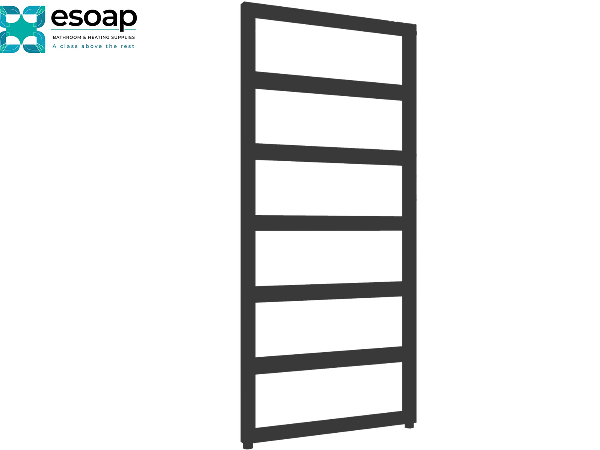 A dark gray metal ladder towel rail with six horizontal bars, shown on a plain white background with the esoap brand logo in the top-left corner Reina Rezzo 1100x550 Black Designer Radiator
