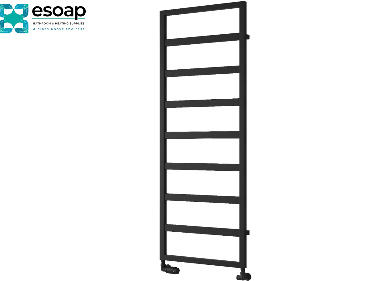 A black metal ladder towel rail shown on a plain white background, with the Esoap brand logo in the top-left corner Reina Rezzo 1460x450 Black Designer Radiator