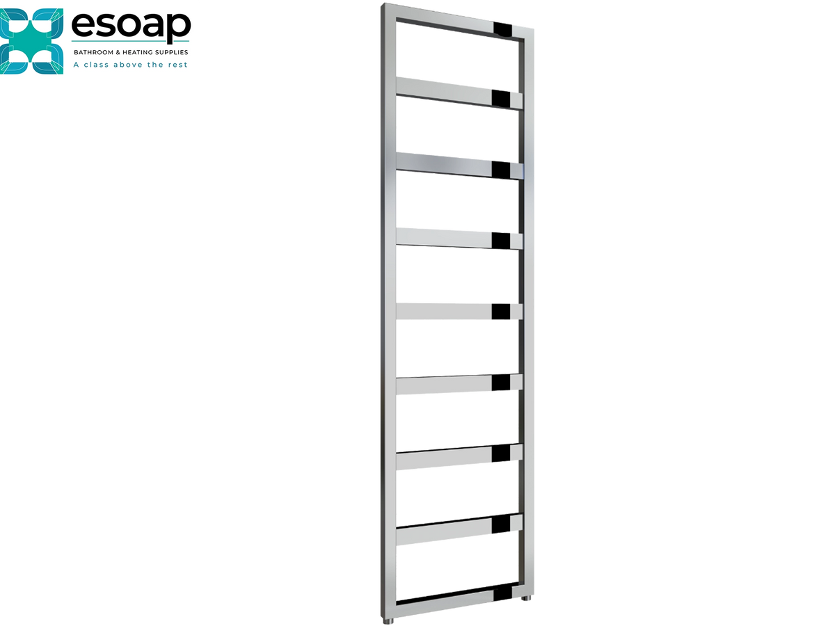 A tall, narrow chrome towel rail with horizontal bars and black end caps, shown on a plain white background with the Esoap logo in the top-left corner Reina Rezzo 1460x450 Chrome Designer Radiator