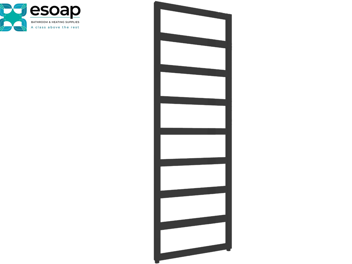 A tall, narrow black metal ladder towel rail with seven horizontal bars, shown on a plain white background with the Esoap logo in the top-left corner Reina Rezzo 1460x550 Black Designer Radiator
