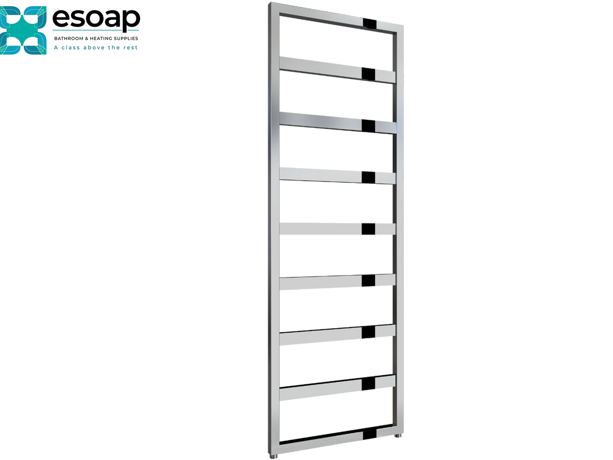 A tall, narrow stainless steel towel rail with eight horizontal bars, shown on a plain white background. The Esoap brand logo is visible in the top-left corner Reina Rezzo 1460x550 Chrome Designer Radiator