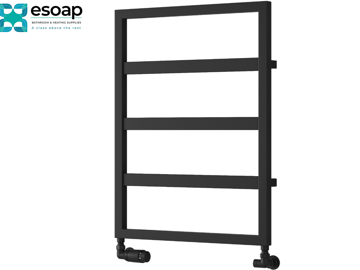 A black metal heated towel rail with four horizontal bars and caster wheels at the bottom, shown on a plain white background with the esoap logo in the top-left corner Reina Rezzo 740x450 Black Designer Radiator