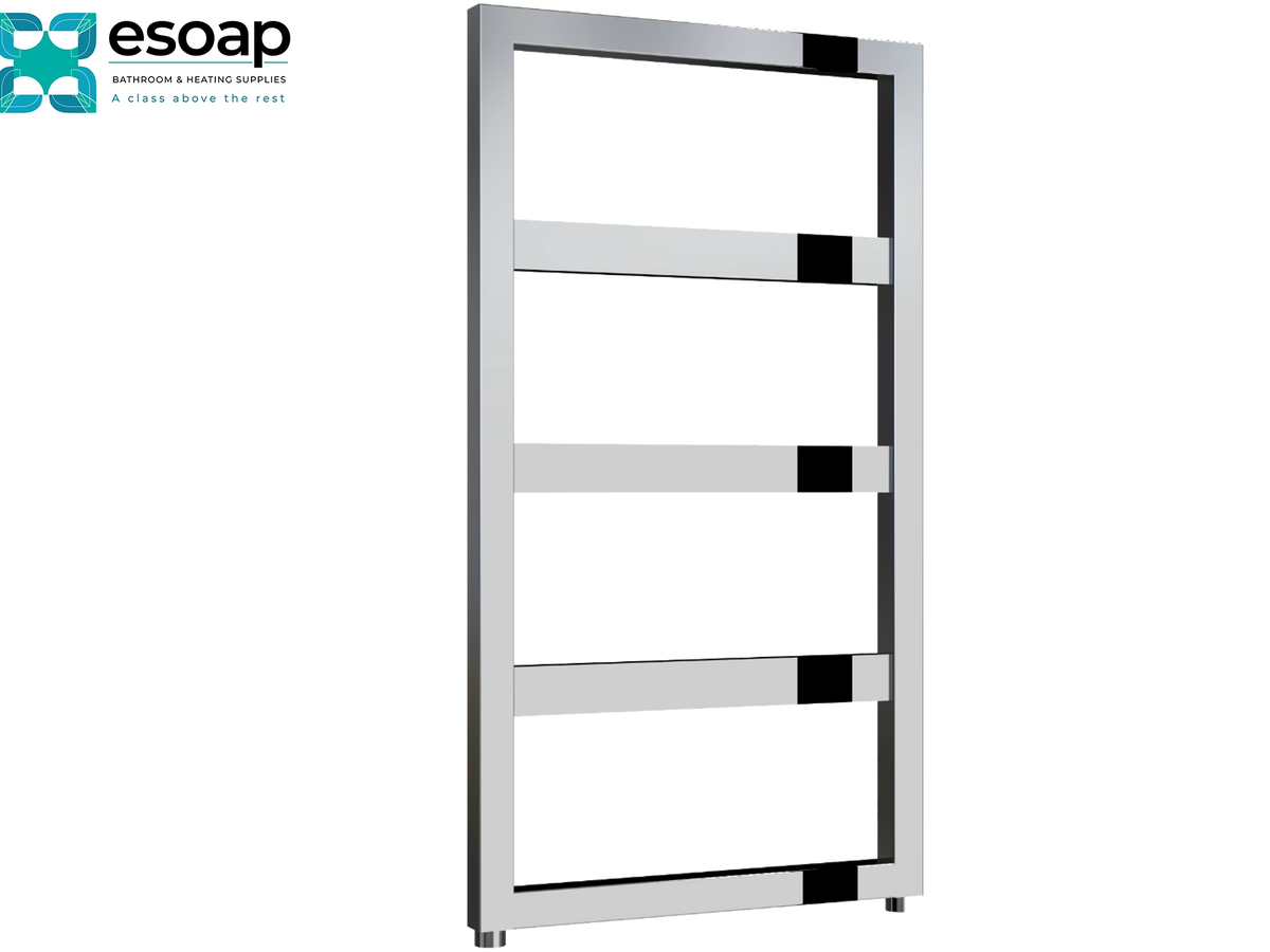 A tall, modern chrome towel radiator with four horizontal bars and black accent caps, shown on a white background with the Esoap logo in the top-left corner Reina Rezzo 740x450 Chrome Designer Radiator