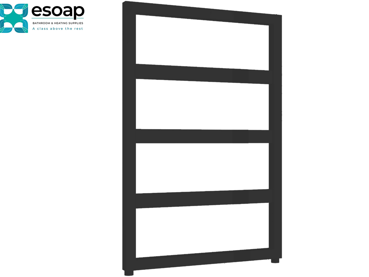 A dark gray metal ladder-style radiator guard rail with four horizontal bars, shown on a plain white background with the Esoap brand logo in the top-left corner Reina Rezzo 740x550 Black Designer Radiator