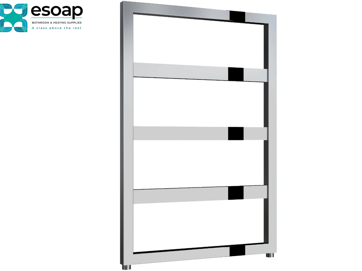 A modern stainless steel towel rail with four horizontal bars, featuring black accent caps at the ends of each bar. The ESOAP brand logo is visible in the top-left corner on a plain white background Reina Rezzo 740x550 Chrome Designer Radiator