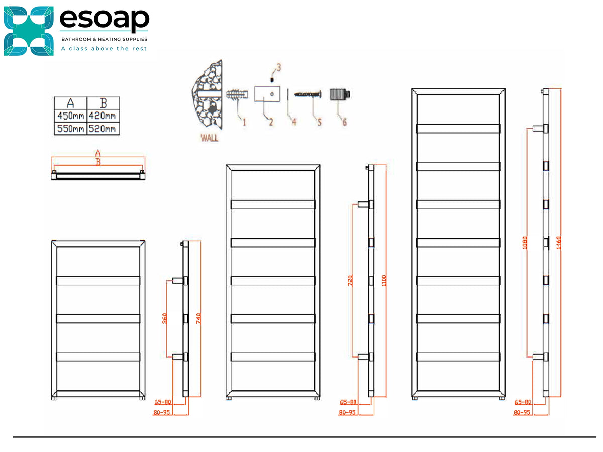 Technical dimension diagram of a tall shelving unit by esoop, showing multiple line drawings of the cabinet from front, side, and back angles with measurements, plus a small exploded view of mounting components and a size table Reina Rezzo Designer Radiator